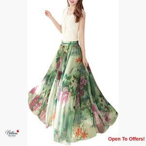 Floral Print Pleated Vintage Chiffon Long Maxi Skirt